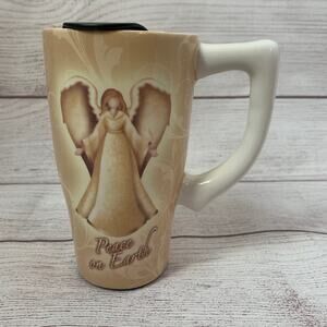 Mug with Cream and Beige Angel PEACE ON EARTH Saying and Lid for Travel